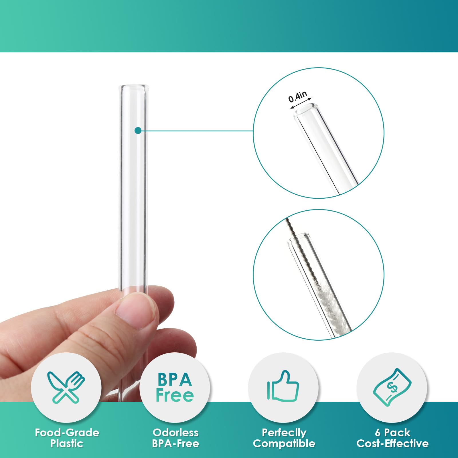 6 Pack Replacement Straws for Stanley 30oz 40 oz Cup Tumbler,Reusable Extra Long Glass Straws with Cleaning Brush, Compatible with Adventure Quencher Travel Tumbler 30oz & 40oz(12.2 inch Long)