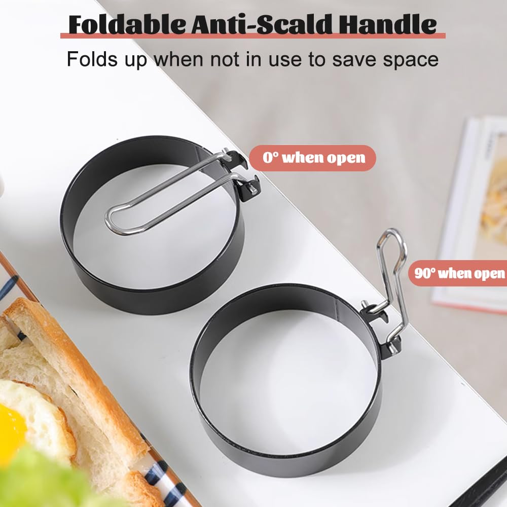 CAREDGO 4 Pezzi Stampo per Uova in Acciaio Inox Stampo per Pancake Grande Formine per Uova al Tegamino Formine per Pancake Antiaderente con 1 Pennello ad Olio per Cucinare Uova Fritte Muffin (9cm/5cm)
