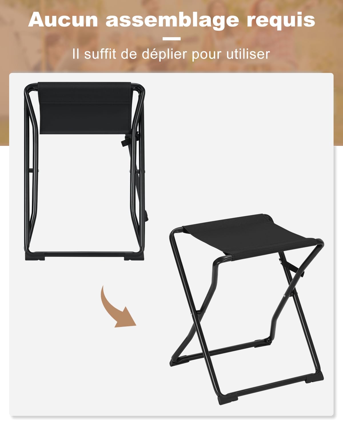 eSituro Table Pliante 2 en 1 d'Appoint avec Plateau Amovible, Tabouret Portable pour Camping Extérieur, 40,5x40,5x50cm, Noir