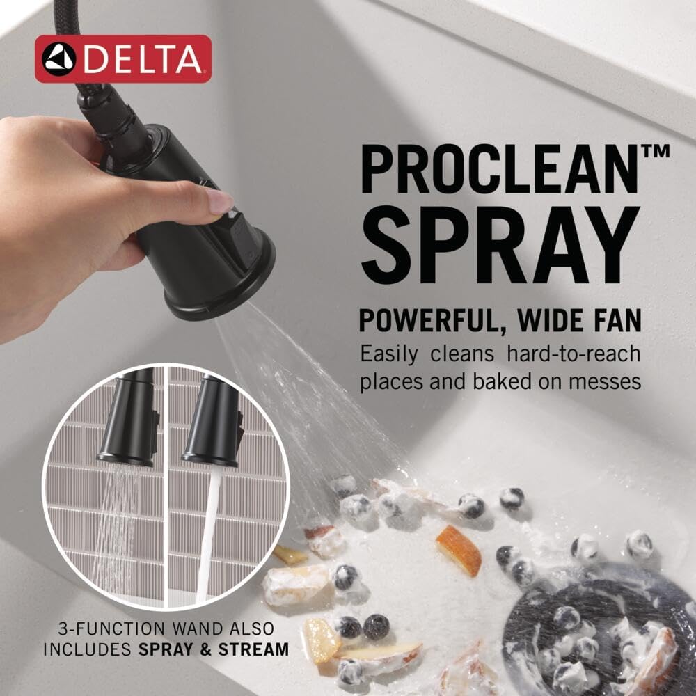 Delta Finnridge Matte Black Kitchen Faucet with Pull Down Sprayer, High Pressure ProClean Spray Modern Single Hole Kitchen Sink Faucet, 19730LF-BL - Image 3