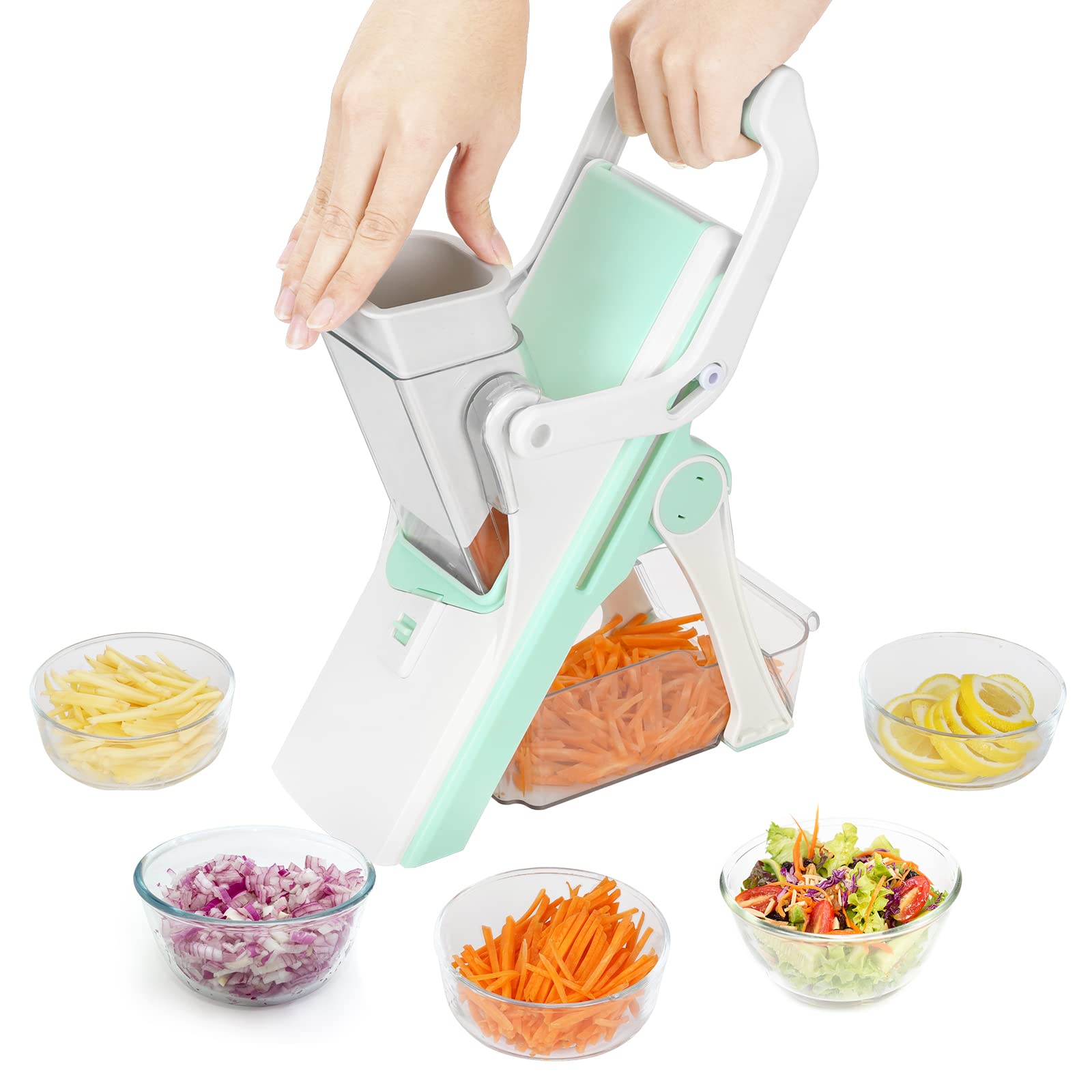 Safe Mandoline Slicer for Kitchen Vegetable Chopper Slicer, Food Chopper Vegetable Cutter, Onion Potato Salad Carrot Veggie Fruit Meat Cutter with Container, 5 Blades