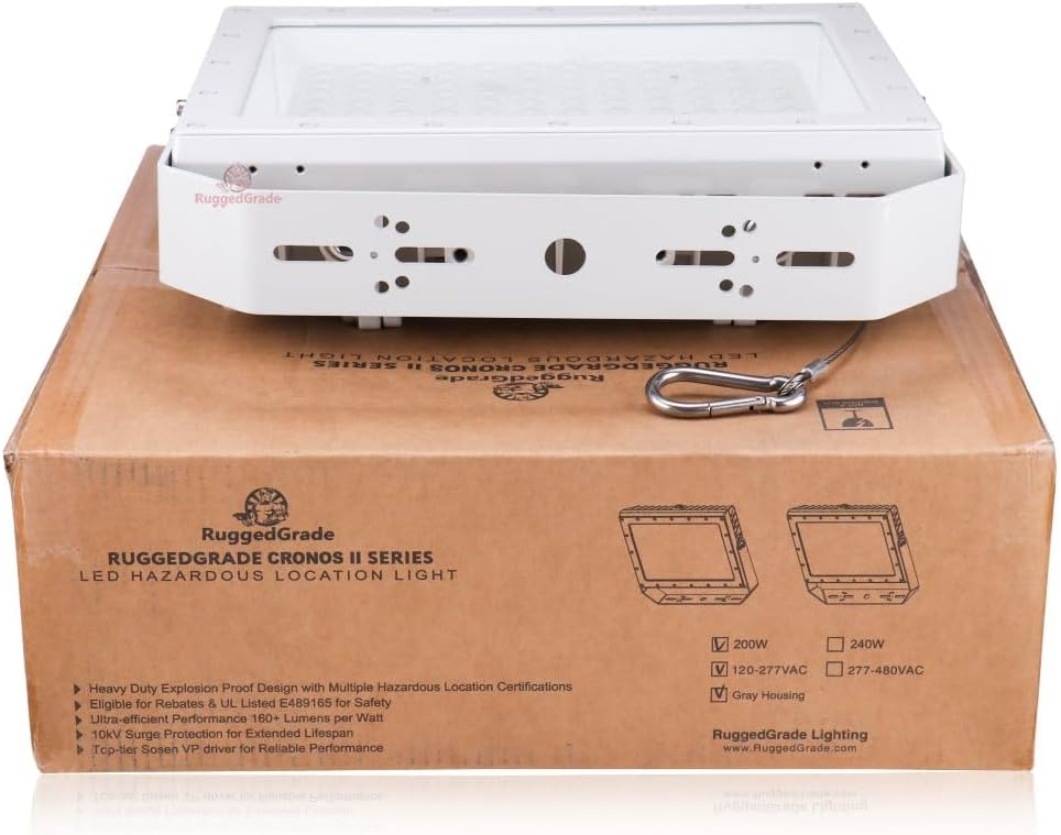 RuggedGrade Cronos II Series 200W LED Hazardous Location Light - 29,000 Lumens - 5000K Bright White - Class I Division II Approved - Flood Mount - Commercial LED Fixture - Certified UL