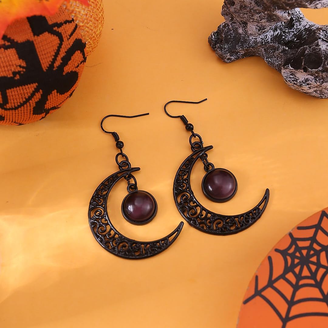 Gothic Black Moon Earrings for Women,Black Red Purple Crystal Moon Drop Dangle Earring Vintage Punk Crescent Earring Whimsy Goth Jewelry Halloween Witch Costume Accessories - Image 5