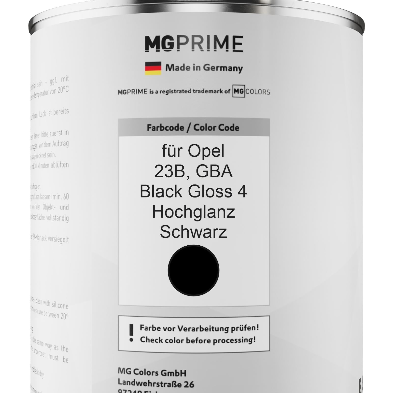 MG PRIME Autolack Dosen Set für Opel 23B / GBA Black Gloss 4 2,5L | Hochglanz Schwarz, Set aus Basislack + 2K Klarlack + Härter, Literware, spritzfertig