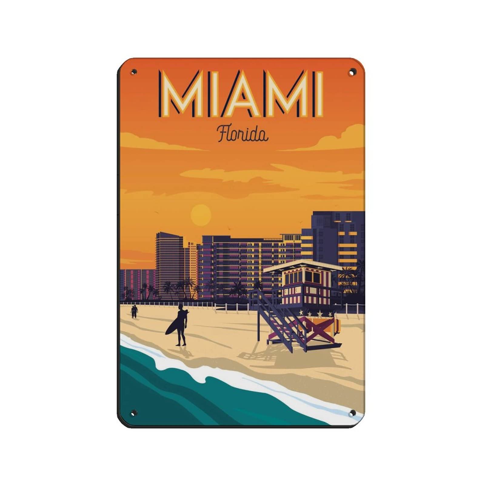 Miami Florida Beach Vintage Travel Poster Retro Poster Metal Tin Sign Retro Iron Painting for Bar Man Cave Cafe Family Garage Poster Wall Decoration 15x30cm