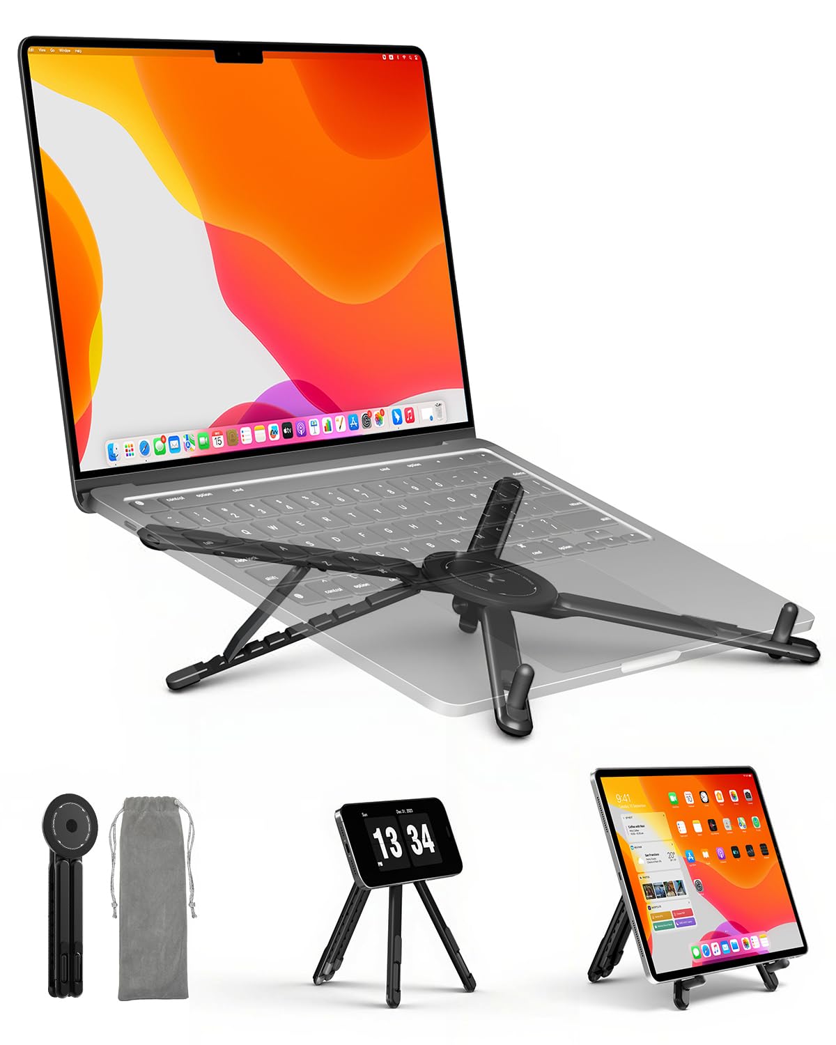 Viozon Portable Laptop Stand for Desk, Foldable Adjustable Computer Riser with Magnetic Phone Holder, Aluminum Laptop Stand for 10–16” Laptops & 4–13” Phones/Tablets (Black)