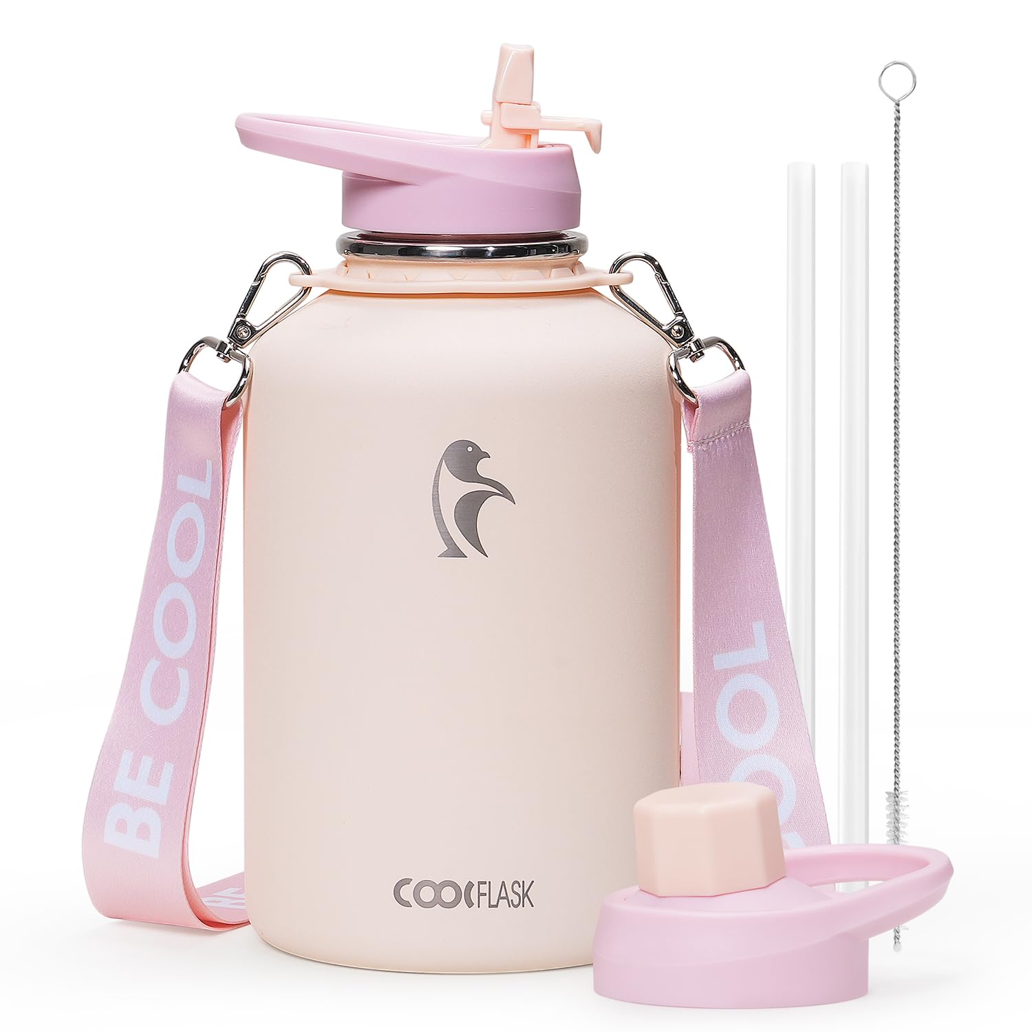Coolflask 1.9 L Insulated Water Bottle with Strap, Stainless Steel Vacuum Flask with Straw & Spout Lids Leakproof for Sports, Travel, Gym, 48H Cold & 24H Hot, BPA Free, Apricot Pink