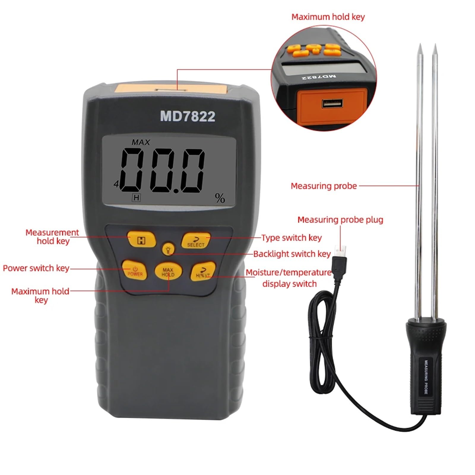 Misuratore di umidità digitale for cereali Sonda altamente sensibile Tester di umidità Display LCD Rilevatore di temperatura igrometro for mais e riso,Giardino,Prato,Interno,Uso esterno