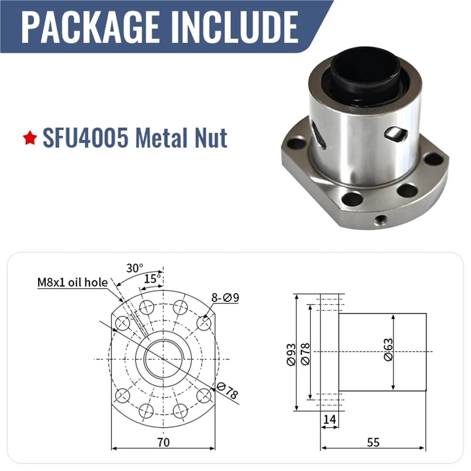 High Strength SFU4005 DFU4010 SFS4020 SFE/SFY4040 Ballscrew Nut 40mm Ball Screw Carbon Steel RM4005 Nut for 4005 Nut Housing(SFU4005 Metal nut)