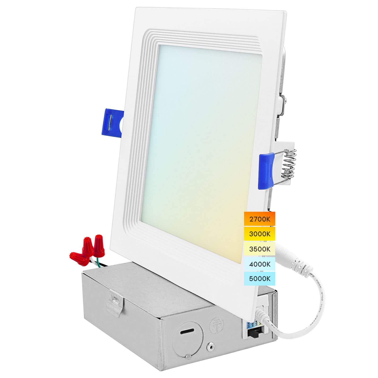 LUXRITE 6 Inch Ultra Thin Square LED Recessed Lighting, 15W, 5CCT Color Selectable 2700K-5000K, 1400 Lumens High Output, Dimmable LED Wafer Lights,