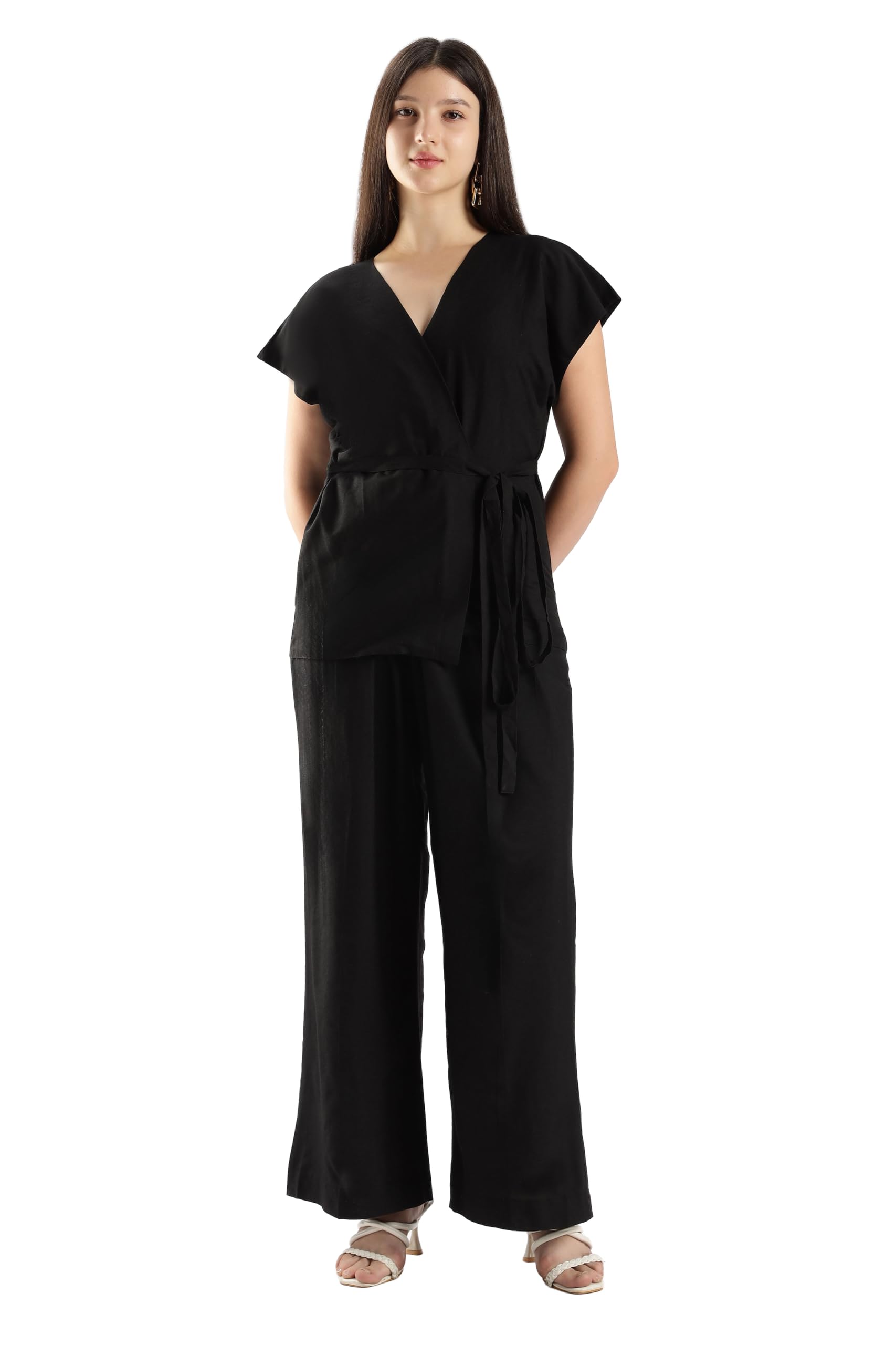 nuve Black Cotton High-Waist Pleated Trousers, Straight-Leg Silhouette with Side Pockets, Classic Professional Wear for Women-picture-13