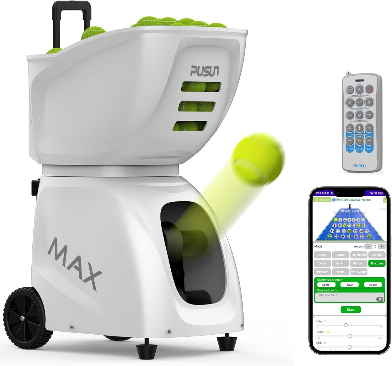 PUSUN PT-MAX C Smart Tennis Trainer & Ballmaschine - Profi Ballwerfer mit App-Steuerung, 28 Landepunkte, 26 Modi & 5-7 Std. Laufzeit für jedes Spielniveau (Weiß)