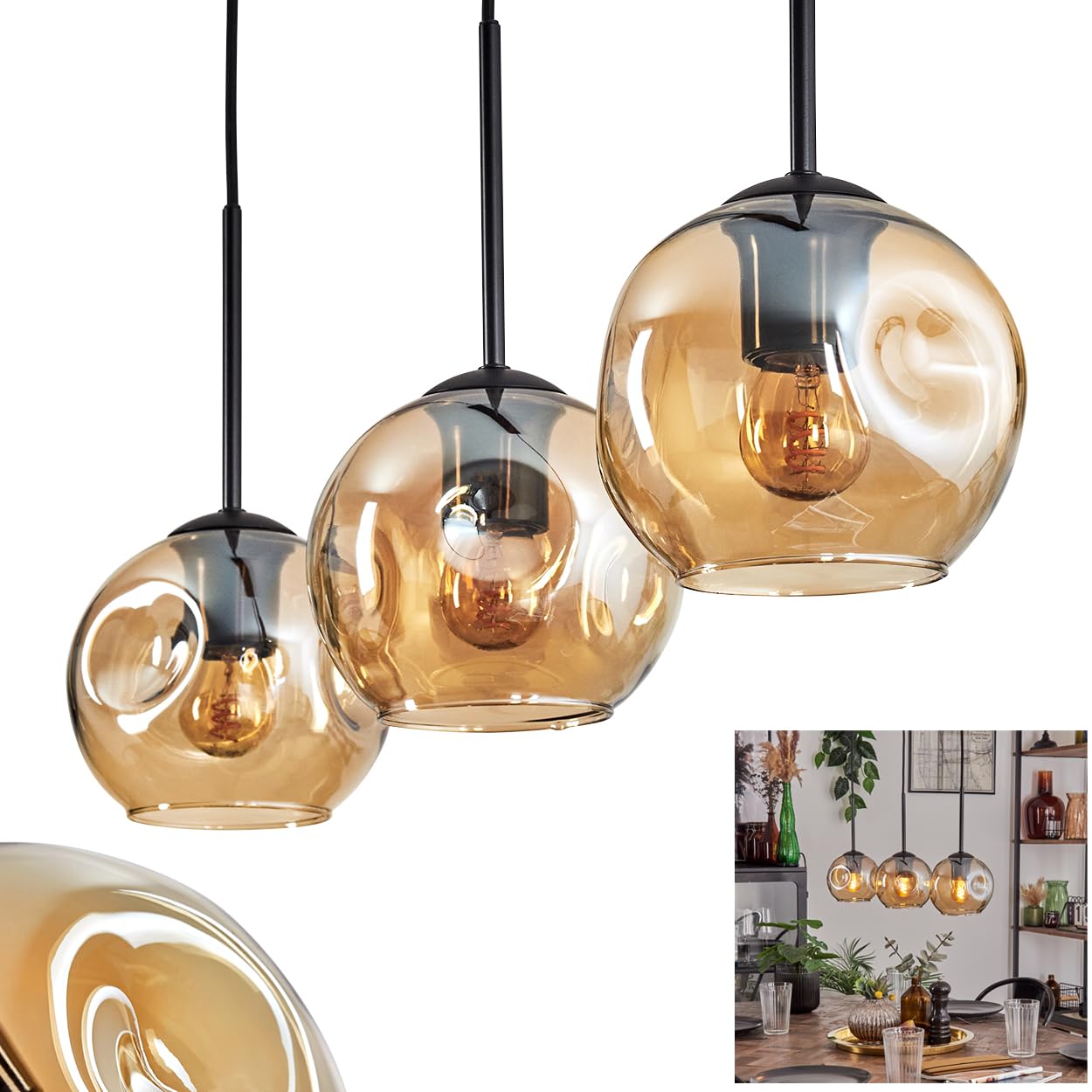 Ripoll Pendant Light, Pendant lamp Made of Metal/Glass in Black/Amber, luminaire in a Modern Retro/Vintage Design with Glass Shades (Ø 15 cm), Height max. 132 cm, 3 x E27, Without Bulbs
