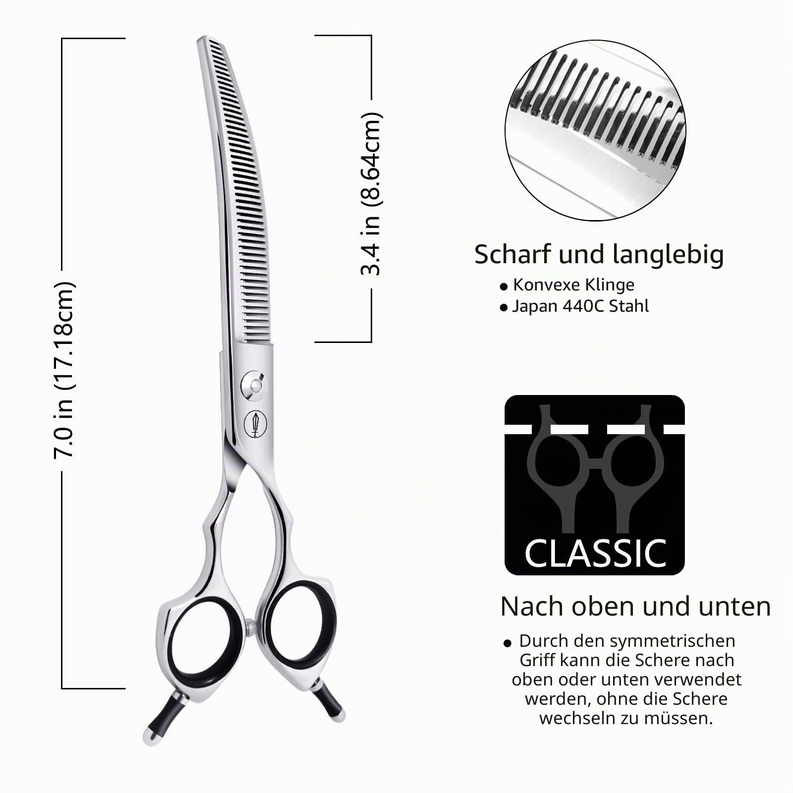HASHIMOTO Gebogene Effilierschere für Hunde und Katzen, 50 Zähne, 17,8 cm, 30 % Effilierrate, leicht, für professionelle Tierfriseure und die Fellpflege zu Hause
