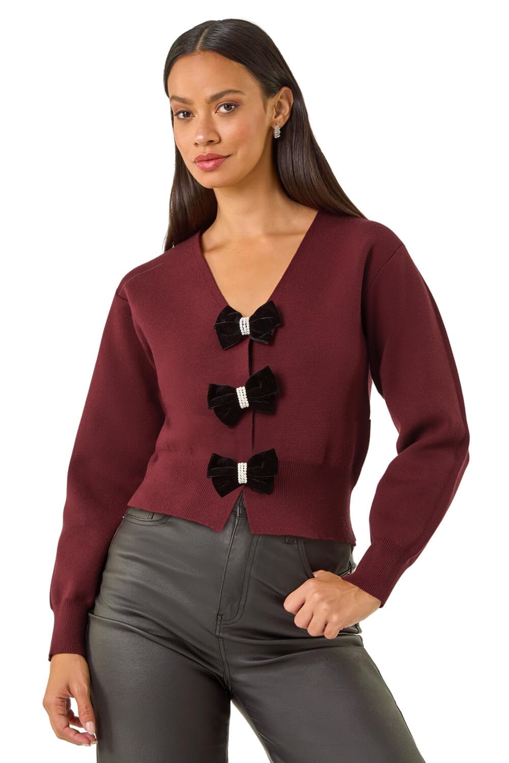 Roman Originals Women's Red Dusk Fashion Bow Buttoned Knit Cardigan For Uk - Everyday Autumn Winter V-Neckline Comfy Soft Evening Vacation Work Party Night Out - Burgundy - Size 16