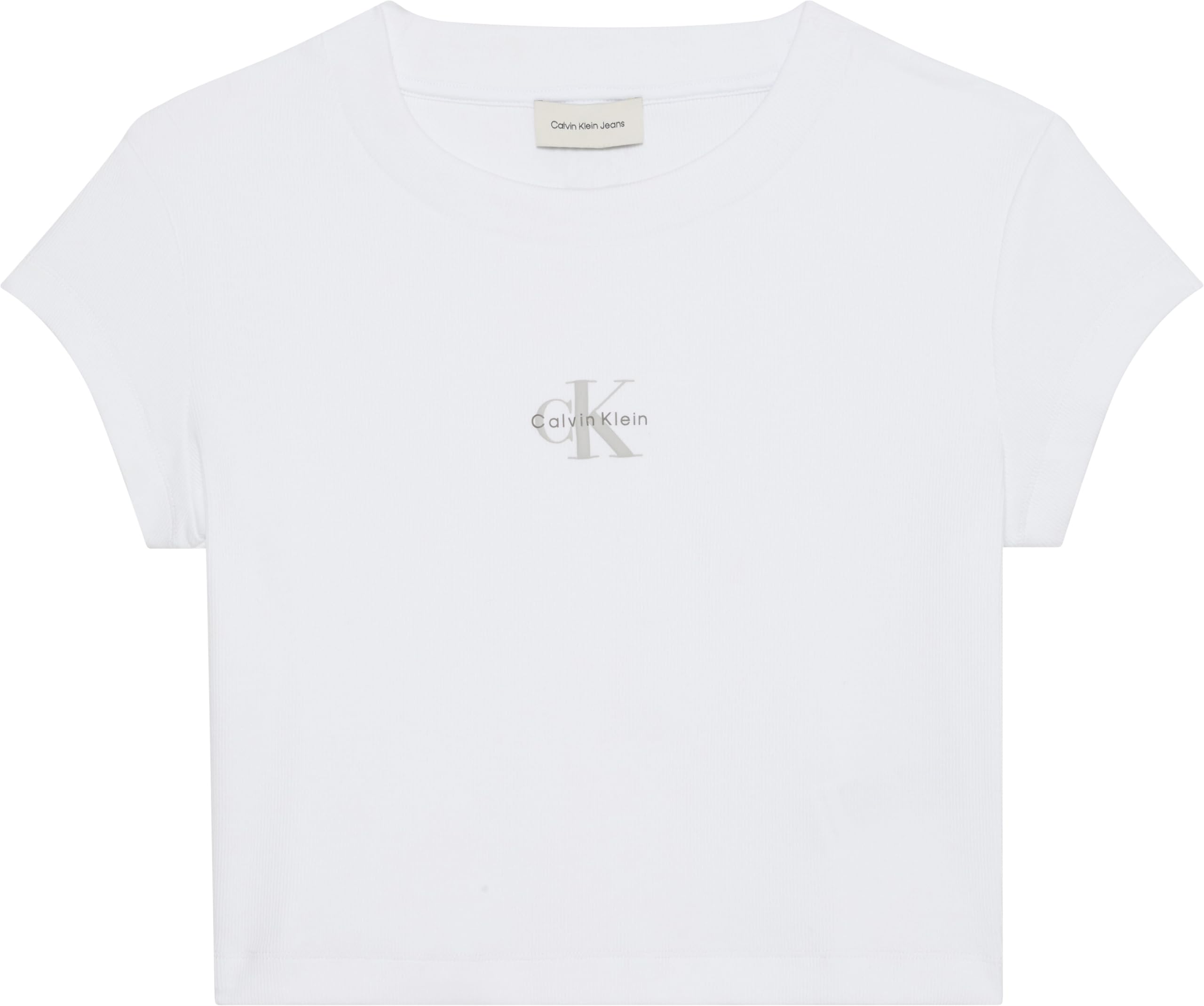 Calvin Klein Women's White Glossy Monogram Logo Ribbed Baby Tee Ribbed Baby T-Shirt With Monogram Logo, M
