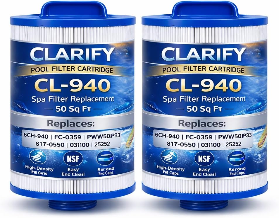 CLARIFY CL-940 Spa Filter Cartridge 2 Pack, 50 Sq Ft Hot Tub Filter Replacement for Unicel 6CH-940, Pleatco PWW50P3, Filbur FC-0359, Waterway 817-0050, 03FIL1400, 25252, 1-1/2" SAE Thread