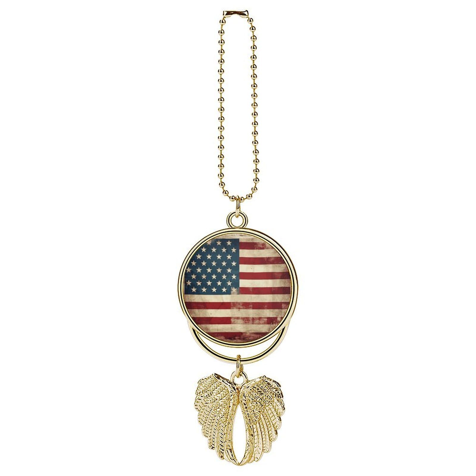 Vintage American USA Flag Guardian Angel Wing Car Ornament for Mirror, Zinc Alloy Hanging Charm with Spiritual Design for Protection, Rearview Mirror Accessory Decor Gift for Women Men(Golden)