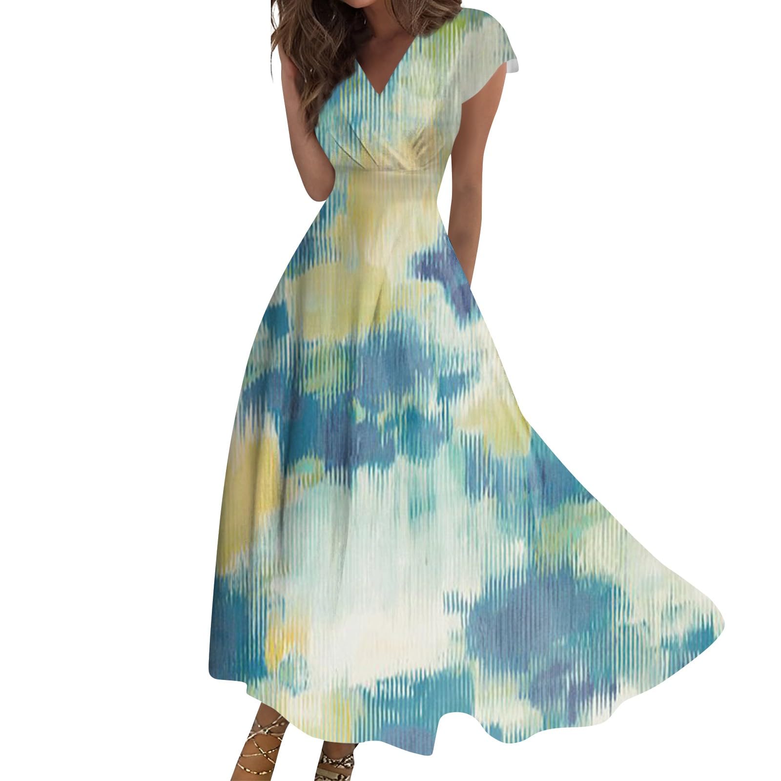 Dresses for Women 2024 Wrap V Neck Floral Print Maxi Dress Cap Sleeve Flowy Sundresses Elegant Trendy Beach Dress