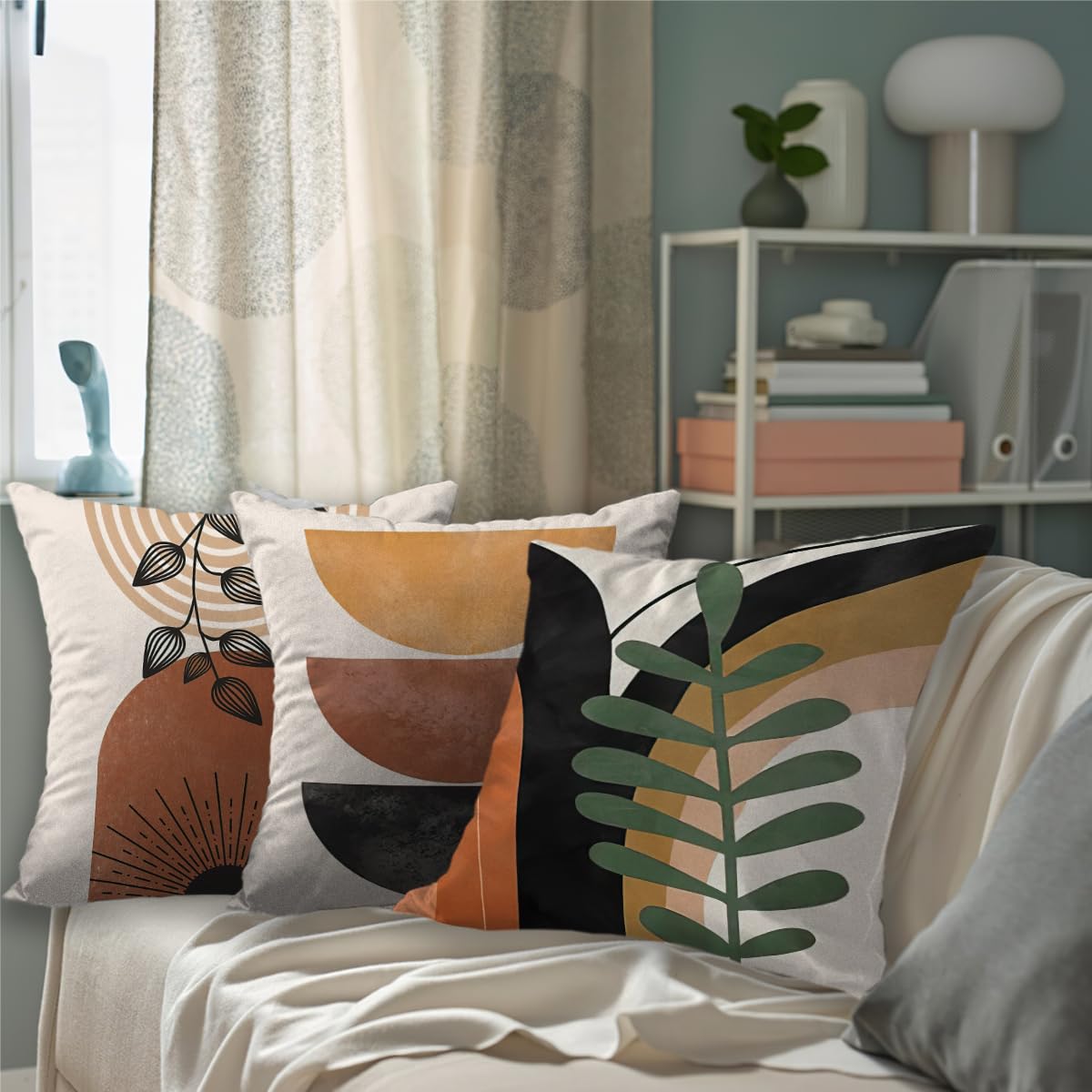 6er-Set Boho Kissenbezüge 45x45 Cm – Sonne, Mond & Blätter, Mid Century Design, Aus Baumwoll-Flausch
