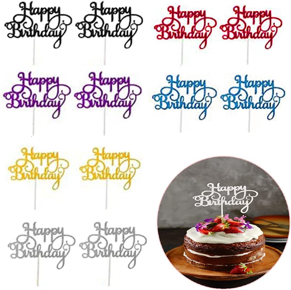 12 Pcs Birthday Cake Toppers, 6 Colors Glittery Cupcake Decoration - Happy Birthday Topper for Dessert and Party Pastries