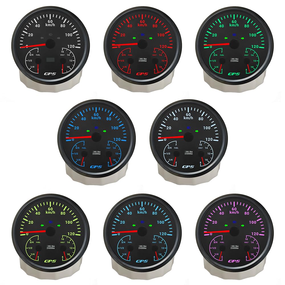 ELING Tachometr GPS 3 w 1, 110 mm, 0-120 km/h, ze wskaźnikiem poziomu paliwa, woltomierz 12 V, 7-kolorowe podświetlenie tła do samochodów ciężarowych, wózków widłowych, jachtów