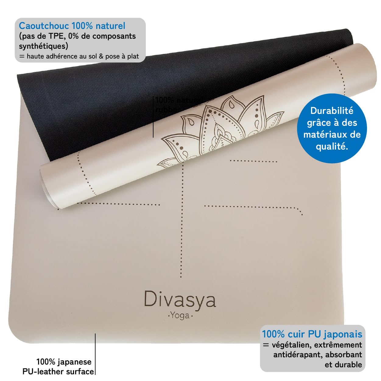 Tapis de yoga: caoutchouc naturel véritable antidérapant & adhérence maximale, extra large, long & épais (185x68x0,45cm), sangle de transport, également tapis Pilates
