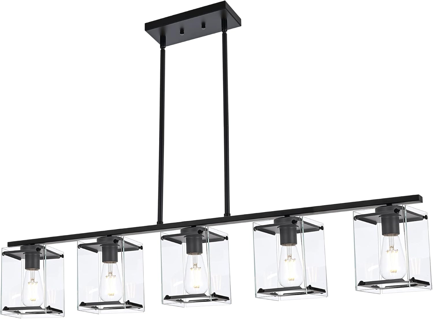 MELUCEE Linear Kitchen Island Lighting with Rectangular Clear Glass Shades 5 Light Chandeliers for Dining Room, Farmhouse Pendant Light Fixture Black for Kitchen Dining Room Living Room