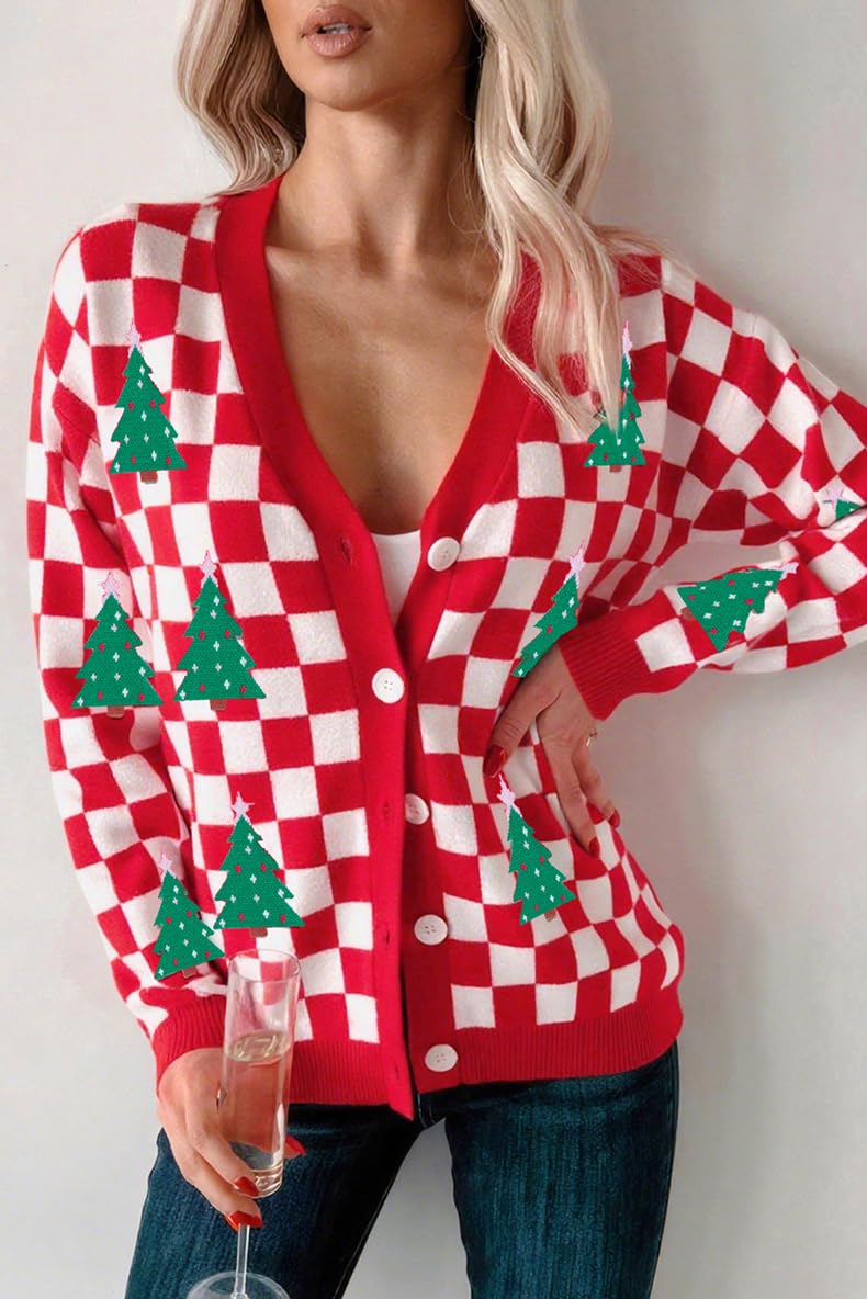 Cárdigan A Cuadros para Mujer, Cárdigan Informal con Estampado Navideño, Suéter Ligero de Manga Larga con Botones, Prenda de Punto para Fiestas Navideñas.