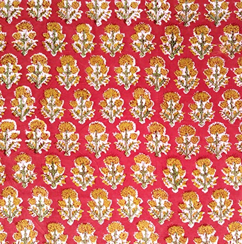 AVKA Studio Hand Block Print Fabric by The Yard - PRECUT 3 Yard 42 Inch Width - 100% Cotton Material - Red Floral Pattern - Light Weight Indian Cloth for Making Summer Dress Tops Indian Fabric etc