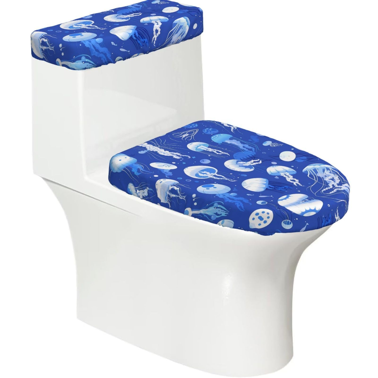 Wzycwb Black Blue Ocean Moon 2-Piece Toilet Seat Cover Set With Tank Lid, Elastic Fit For U-Shape & Elongated Toilets, Bathroom Decor, Housewarming Gift