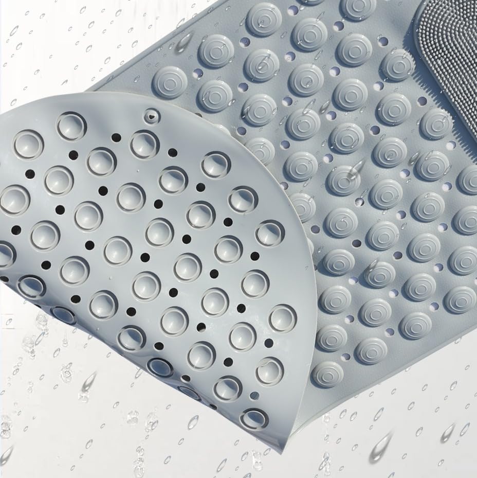 Image of Homecloud Anti Skid Mat for Bathroom Floor Shower mats for Bathroom Anti Slip with Foot Scrubber Bath mat Anti Slip with Suction Cups & Drain Holes (69x35 Cm) (Oval Grey)