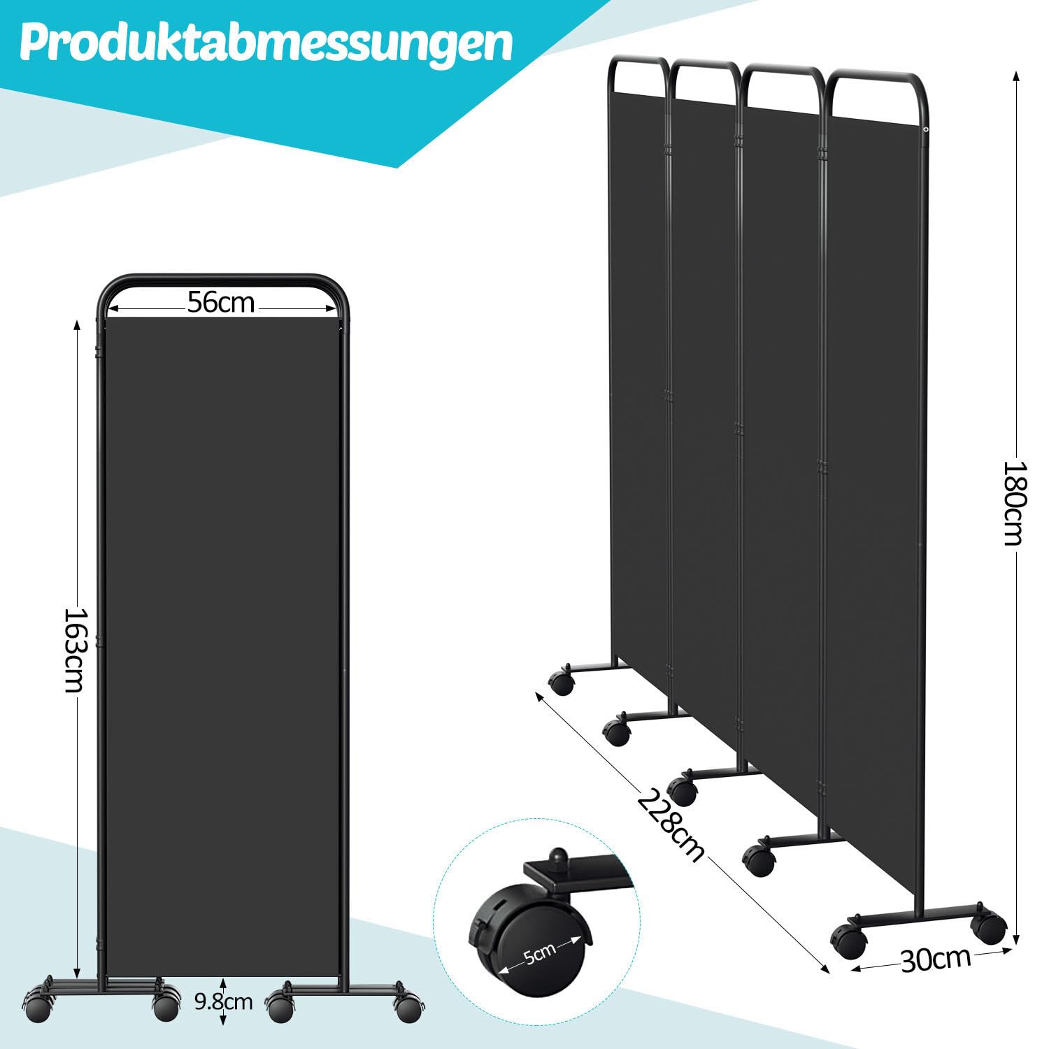 Paravent de séparation de pièce pliable sur roulettes - 4 pièces - 228 x 180 cm - Séparateur de pièce autonome pour bureau et chambre à coucher - Anthracite