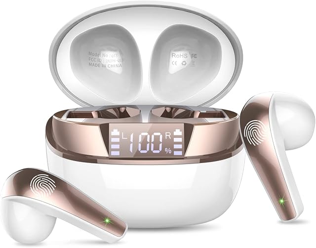 DOBOPO Wireless Earbuds, Bluetooth 5.3 Earphones with LED Digital Display, Mini Half in-Ear Headphones Built in HD Mic, 40H Premium Sound Wireless Headset, IP7 Waterproof for Workout Running, White