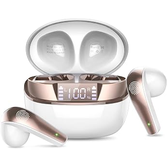 Bluetooth Headphones Wireless Bluetooth 5.3 In-Ear Headphones with 4 Mics Mini Wireless Headphones ENC Noise Reduction Earbuds 40H Deep Bass LED Display IP7 Waterproof Earbuds White Gold