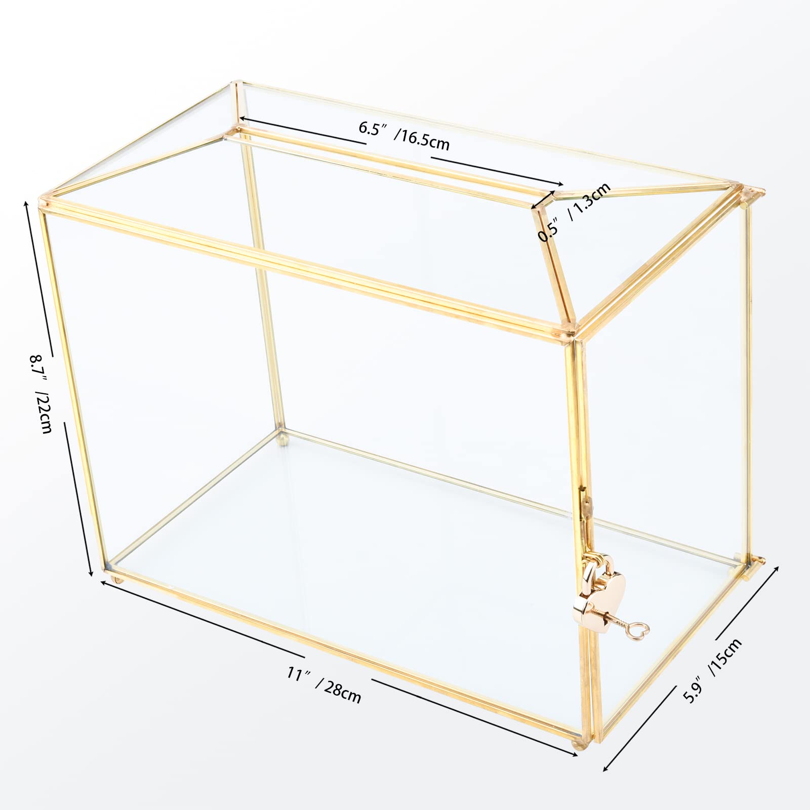 Pudełko na karty ślubne 28 cm, złote szklane etui na karty z zamkami i przegródką na górze, przezroczyste terrarium w kształcie geometrycznym na pamiątkę/wieczór panieński/głosowanie, ręcznie