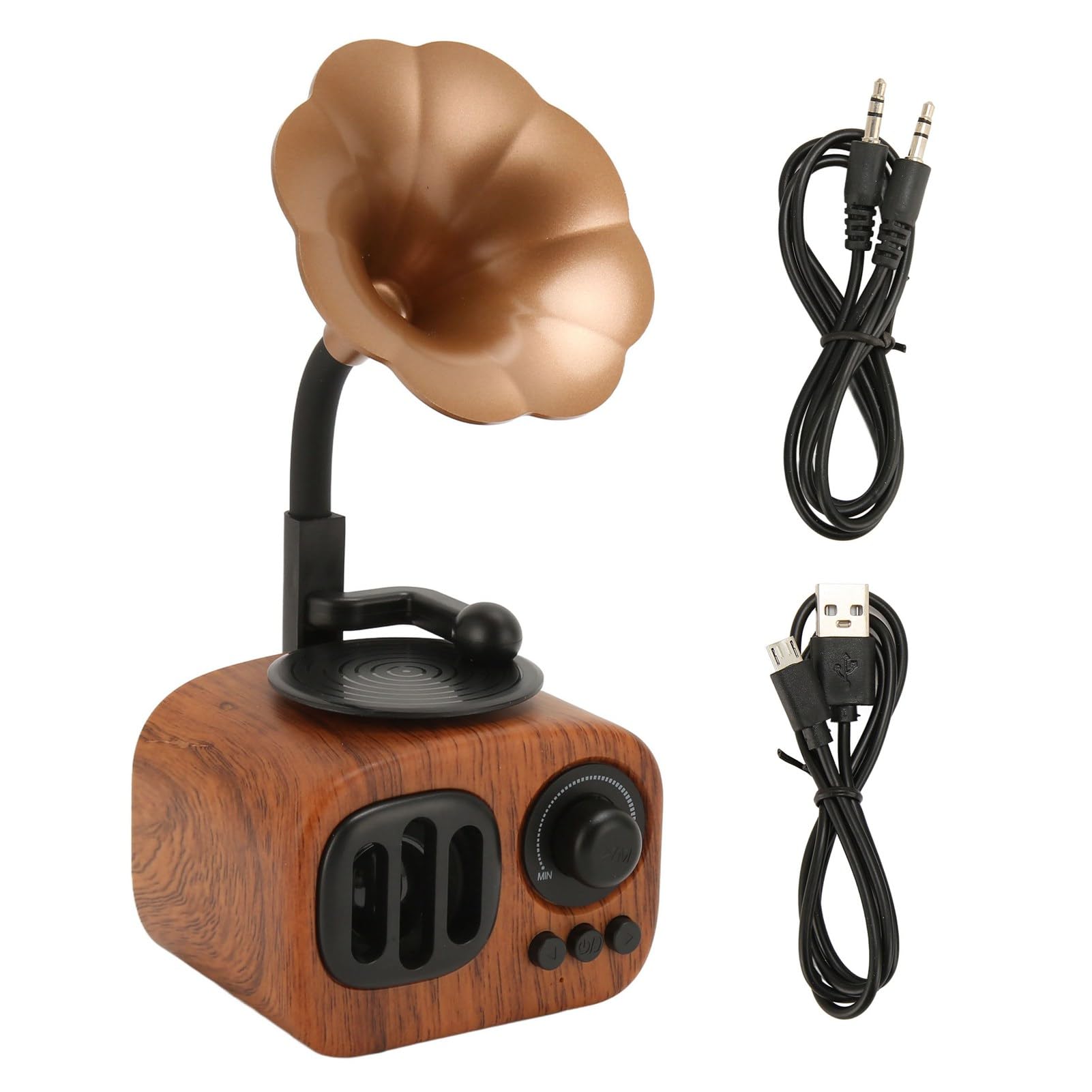 Haut-Parleur Bluetooth Gramophone Vintage, Mini Phonographe en Bois, Haut-Parleur Radio Rétro intégré avec Puce DSP et Antenne, Lecteur de Musique Rétro Prend en Disque U,