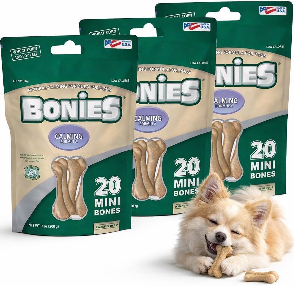 Bonies Natural Calming Mini Dog Bones – 60 Count–Digestible Long-Lasting Edible Chews with Chamomile & Lavender for Anxiety, Barking & Stress–Healthy Dog Bones for Small Dogs & Puppies–Made in USA