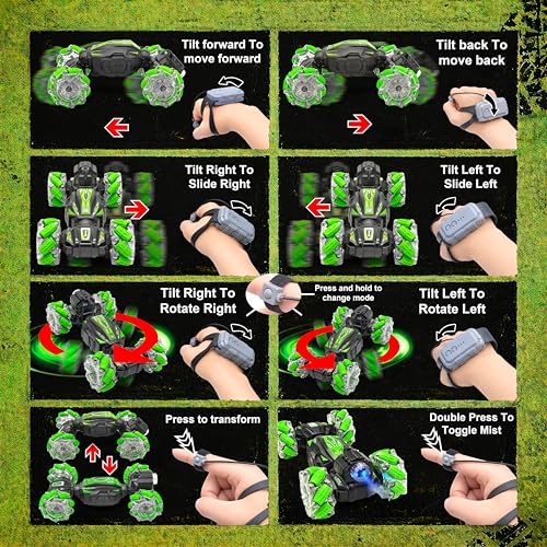 Image of VGRASSP Dual Control Twisting Drift Stunt Mist Car Toy for Kids with Remote Control and Gesture Wrist Controller - Rechargeable 360 Rotating Smoke RC Car Toy with LED Lights, Sound Effects - Green