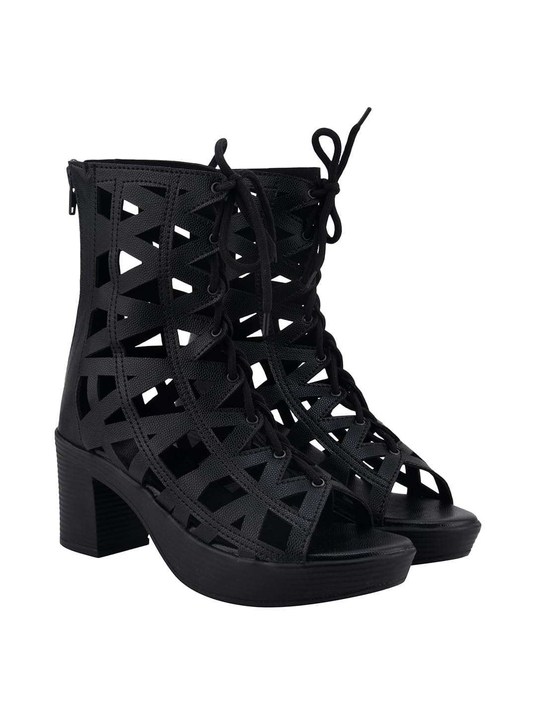 shoetopia Black Onyx Lattice Gladiator Cage Heels – Bold Lace-Up Block Heel Sandals For Women & Girls-picture-14
