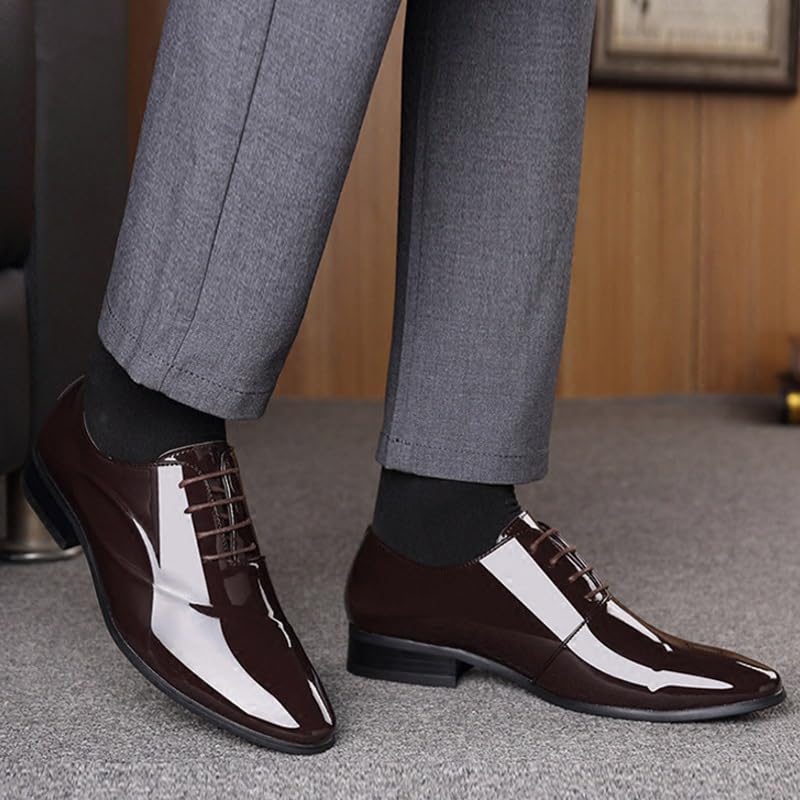 Dress Oxford for Men Lace Up Pointed Toe PU Leather Shiny Oxford Shoes Rubber Sole Block Heel Non Slip Resistant Anti-Slip Wedding3