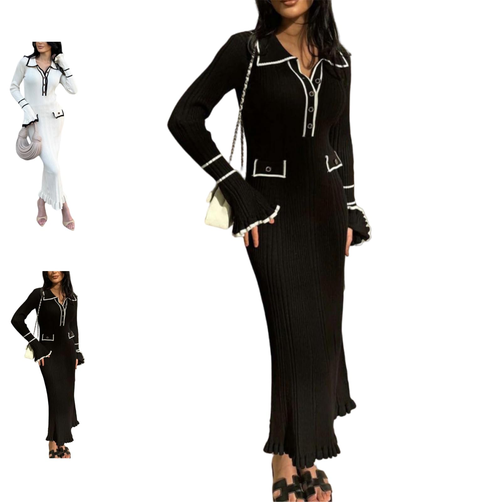 Fall Winter Elegant Button Slim Fitted Ruffled Ribbed Knit Pullover Dress Sexy Collared Bodycon Sweater Long Dresses