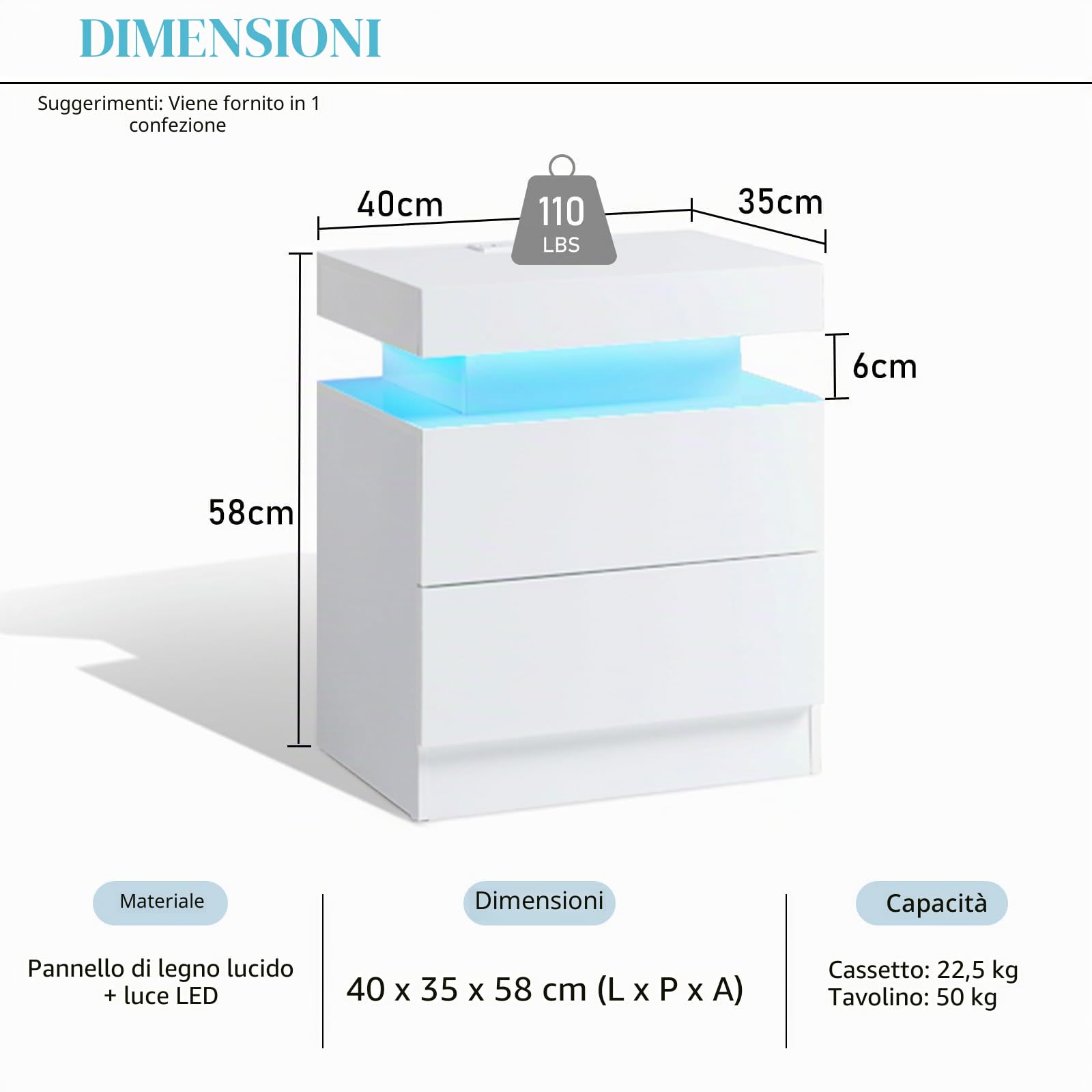 LUXOAK - Set di 2 comodini brillanti con LED e stazione di ricarica - Comodino moderno con 2 cassetti - Tavolino bianco per camera da letto e soggiorno - 58 x 40 x 35 cm