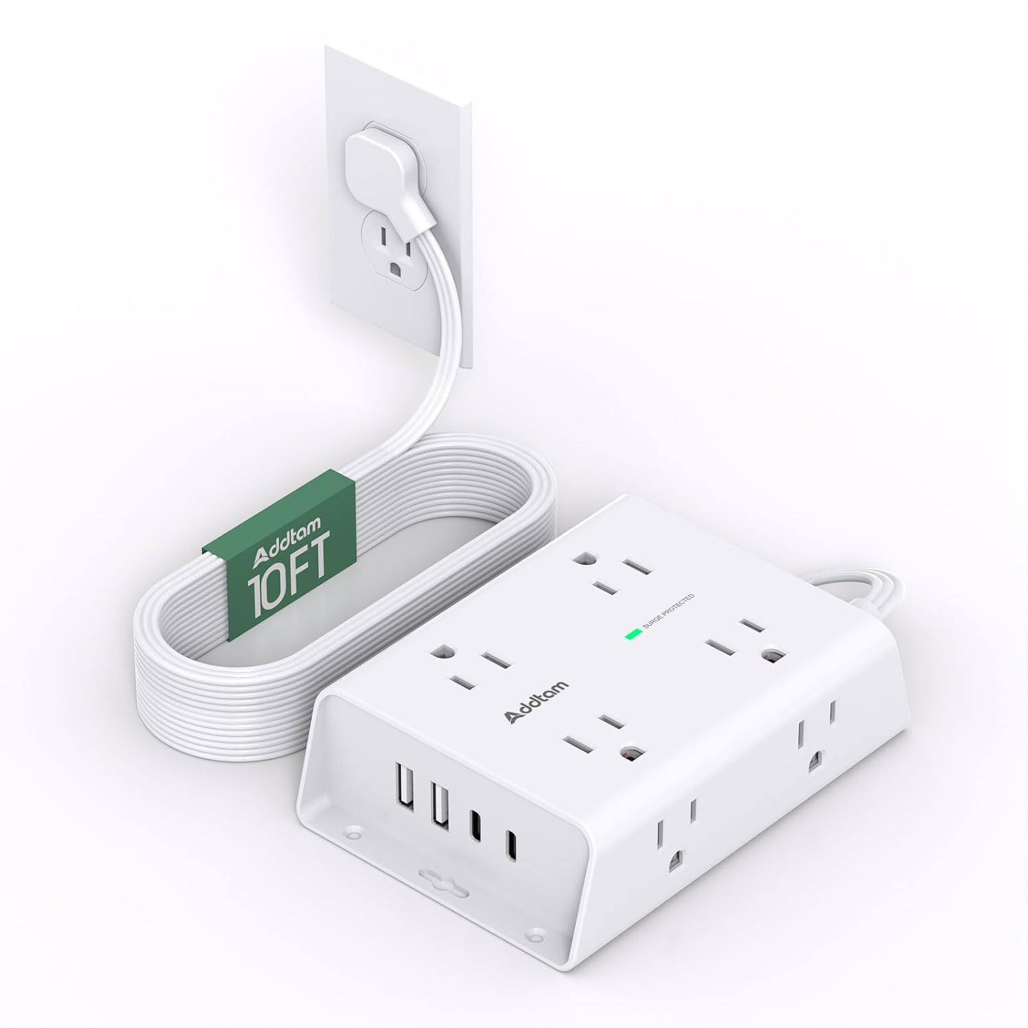 10FT Flat Plug Extension Cord with Multiple Outlets Surge Protector Power Strip 10 ft Cord 8 Outlets 4