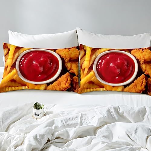 Miniatura 7 de Feelyou Juego de sábanas de pollo y comida tamaño individual, sábanas de papas fritas con bolsillo profundo, juego de sábanas ajustables para niños