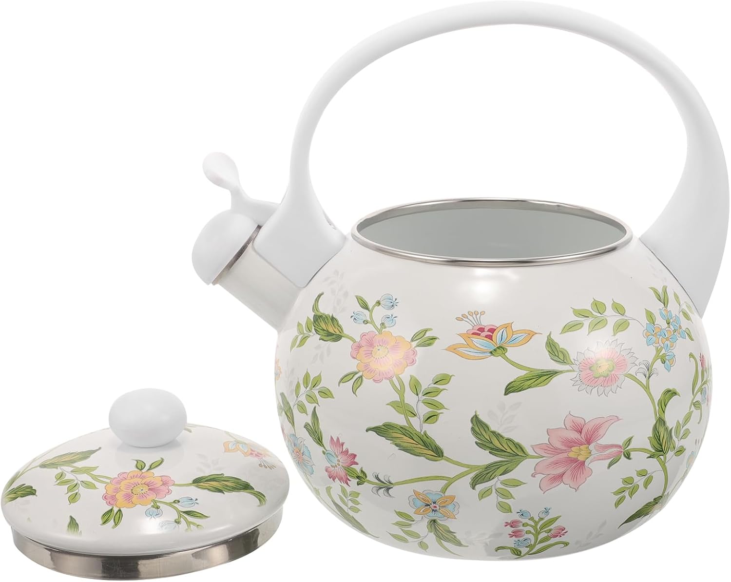 Cabilock 2.2L Enamel Whistling Tea Kettle for Stovetop Thickened Water Kettle Compatible with Gas and Induction Cooktops Easy to Clean Floral Design for Home and Office