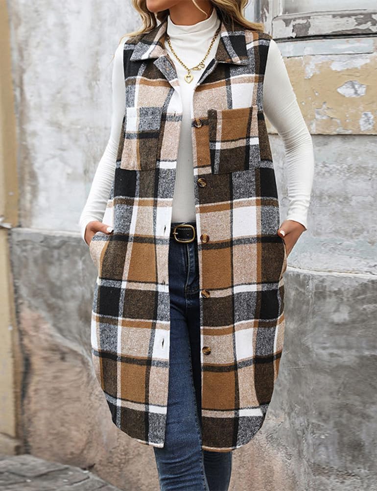Mywinway Long Plaid Vest for Women Fall Winter Sleeveless Blazer Jackets Outerwear Trendy Tops - Image 2