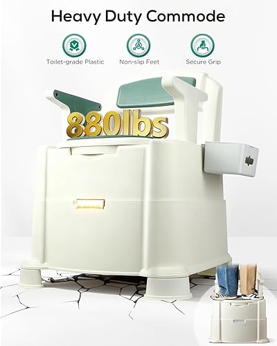 Miniatura 3 de Cómoda de noche, inodoro portátil para adultos, silla de inodoro con brazos, altura ajustable, 2 inodoros y luz nocturna de inducción, silla