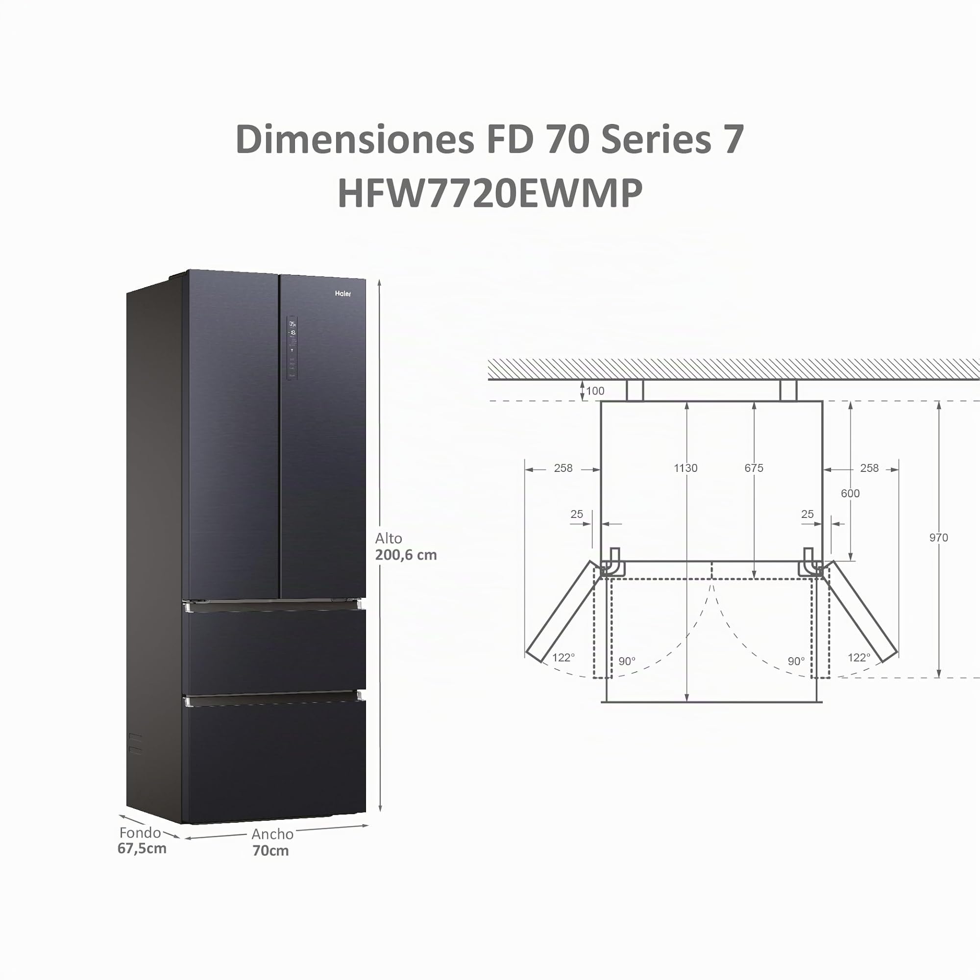 Haier FD 70 Series 7 HFW7720ENMB - Frigorífico Puerta Francesa, Cajones Direct Access, Conexión WIFI, Motor Inverter, My Zone, Cajón Humidity Zone, Total No Frost, Ancho 70cm, Alto 2m, 479L, Negro