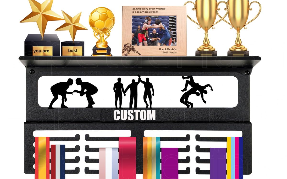 Personalized Medal Hanger Display with Trophy Shelf